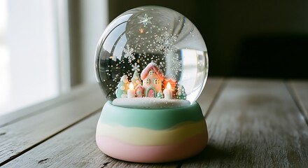 Pastel 3D snow globe with cozy Christmas house and glowing candles. Cute festive miniature scene for holiday visuals.