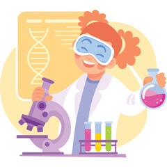 Excited Young Girl Wearing Safety Goggles and Lab Coat Engaged in Scientific Experimentation With Microscope Test Tubes and DNA Model In A Bright Yellow Circular Background