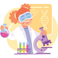 Excited Young Girl Scientist Wearing Goggles and Lab Coat Holding Flask and Microscope Ready for Discovery in a Brightly Lit Laboratory with DNA Strand Poster