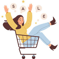 Excited Young Woman in Sweater and Jeans Riding in Shopping Cart with "SALE" Balloons Celebrating Discount Shopping Spree Indoors Isolated on White Background
