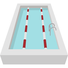 Empty Swimming Pool with Light Blue Water White Concrete Edges and Red White Lane Markers with Metal Ladder on the Side Top View Angle