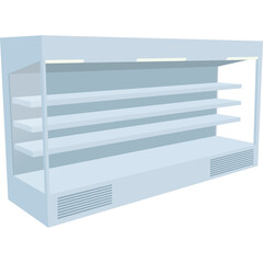 Empty White Refrigerated Display Case with Multiple Shelves and Fluorescent Lighting Isolated on a Transparent Background