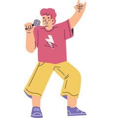 Energetic Male Performer Singing Rock Music With Microphone In A Dynamic Pose Wearing A Pink T Shirt And Yellow Shorts And Purple Shoes With A Transparent Background