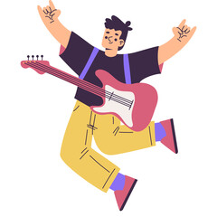 Energetic Man Jumps With Guitar In Pixel Art Style Wearing Yellow Pants And A Black T Shirt With Blue Suspenders