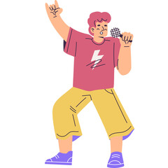Energetic Man Singing Rock Music Holding Microphone With Hand Up In Performance Pose And Wearing Pink T-shirt And Yellow Pants And Purple Shoes On Transparent Background