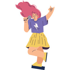 Energetic Young Woman with Pink Hair Sings into Microphone Wearing Purple T-shirt and Yellow Skirt with Lightning Bolt Graphic and Rock On Hand Gesture Against Transparent Background