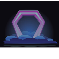 Ethereal Hexagonal Portal Archway Glowing With Purple and Teal Hues Ascending From Misty Blue Clouds Against A Dark Night Sky