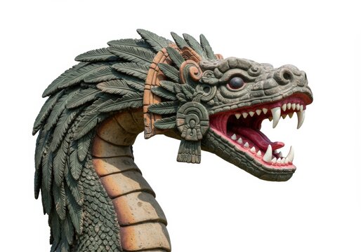 Majestic Kukulkan Serpent Deity Sculpture Isolated against a White Background