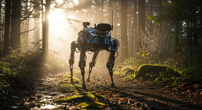 Mechanical quadruped robot walking through a sunlit forest path