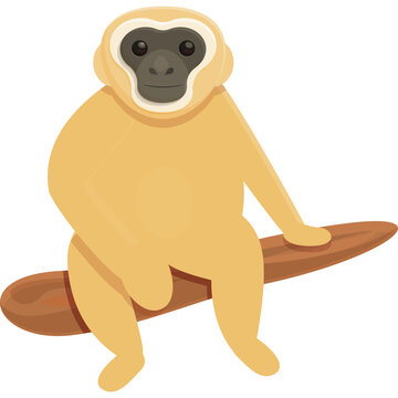 Light Brown Gibbon Monkey Sitting On A Brown Branch Against A Transparent White Background Studio Lighting Minimalist Cartoon Style Illustration