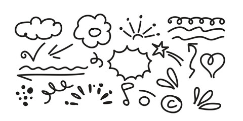 star with marker stroke pencil highlight, Doodle sketch heart, star, cloud cartoon sticker shapes
