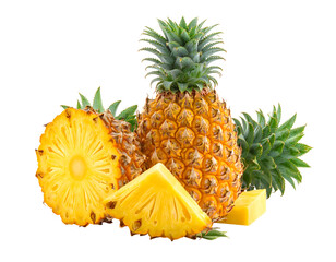 Pineapples, whole & sliced, display yellow juicy fruit w/ spiky green crowns on black background