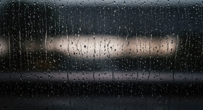 Abstract view of heavy rain streaks running down a glass pane creating dynamic, watery patterns against a moody, blurred background scene ,heavy ,water ,streaming