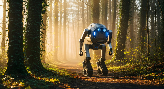 Futuristic robot walking on a forest path bathed in golden sunlight
