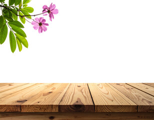 Pink blossom and leaves frame a wood tabletop against a dark background. Natural elements on rustic surface