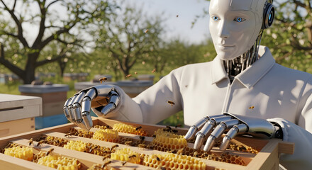 Robot beekeeper inspecting honeycomb in apiary