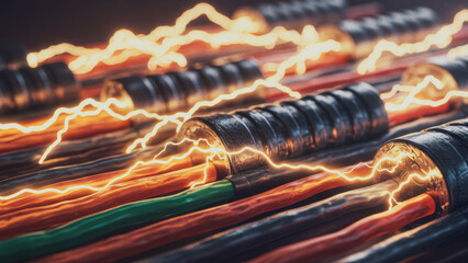 Dynamic energy surges vividly through a network of meticulously arranged electrical cables, illustrating the raw power and complex technological framework that fuels our modern world.