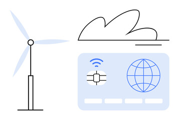 Wind turbine beside a cloud and global chip-enabled card. Ideal for sustainability, renewable energy, technology, connection, digital transformation, clean energy, smart solutions. Simple flat