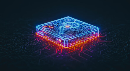A mesmerizing, futuristic display of technological prowess, showcasing an abstract data storage device glowing with neon lights against a circuit board background.