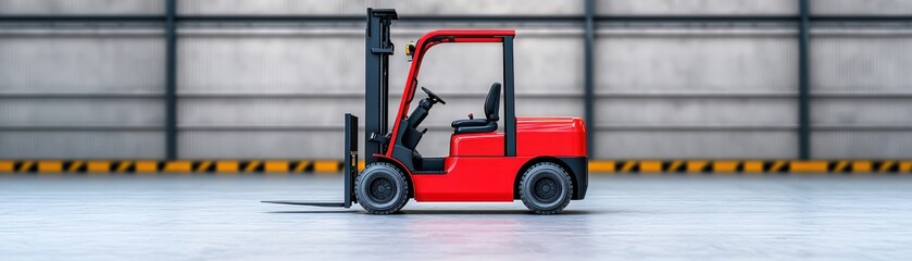 A red forklift parked in a spacious warehouse ready for movement and loading tasks.