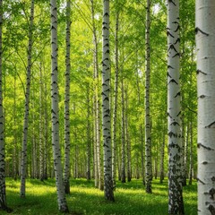 Vibrant green leaves on slender white birch trees contrast beautifully in a sunlit spring forest setting ,leaves ,woodland ,spring
