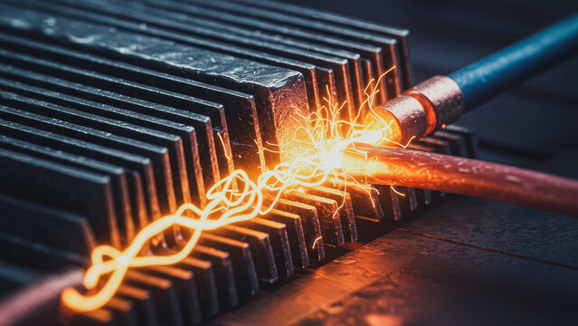 A close-up photograph captures the mesmerizing process of welding, with fiery sparks dancing across metal surfaces. The image conveys the power and precision of this industrial technique.