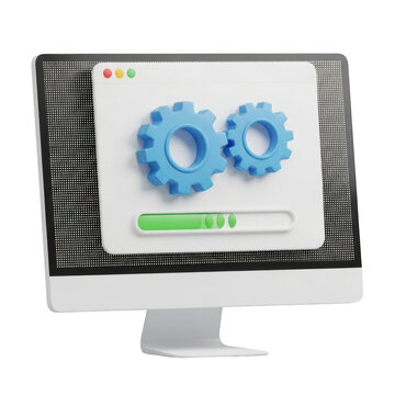 Computer screen displaying software update with gears and progress bar isolated on transparent background