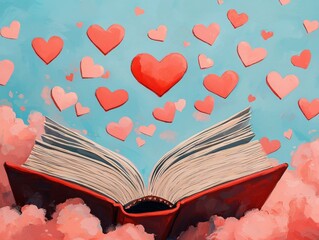 An open book releases floating hearts against a vibrant sky, symbolizing love and creativity.