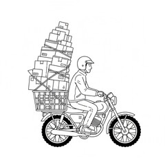 A man on his motorbike carries many packages piled behind him. Vector illustration of a logistics advertising banner.