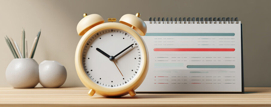 Yellow alarm clock and desk calendar on wooden table conveying time management and productivity in warm minimalist workspace