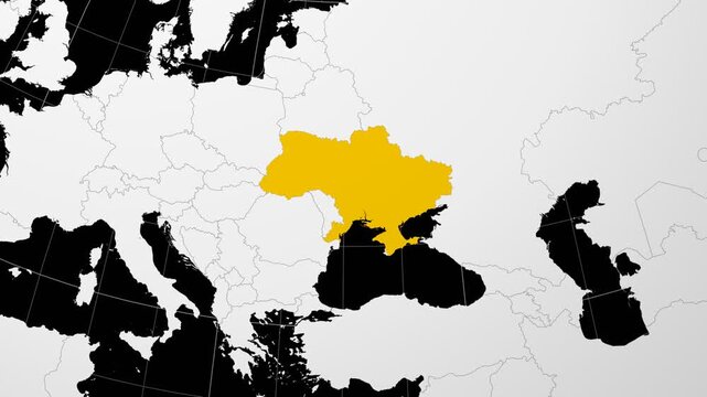 Ukraine map. Animated zoom into the country on the Globe in Black White color palette. Country logo animation. Map with meridians, parallels. Creative video.