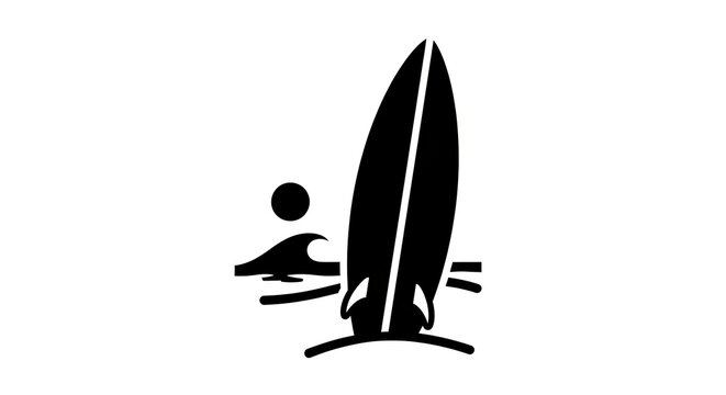 A black and white silhouette of a surfboard standing upright in the water. 