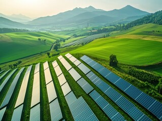 Aerial view of solar panels in vast green landscapes, showcasing renewable energy.