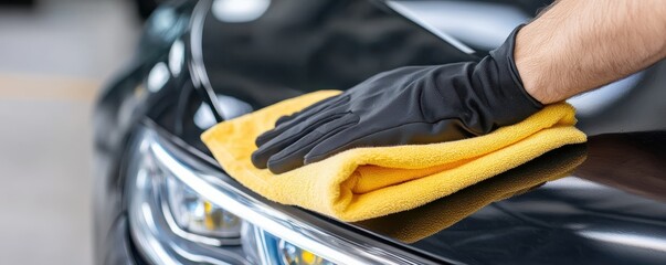 Person cleaning a black car's surface with a yellow cloth and gloves.