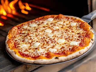 Deliciously baked cheese pizza fresh out of a wood-fired oven.