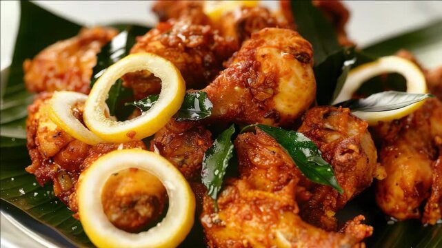 A mouthwatering serving of chicken tikka with lemon and cilantro garnish on a plate.