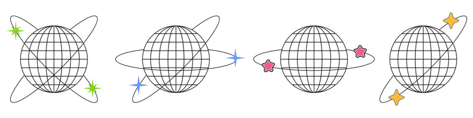 Set Y2K planet wire ball and ring with star  vector for late 90s, early 2000s, and cyber aesthetics. A collection of futuristic, low-poly globe elements