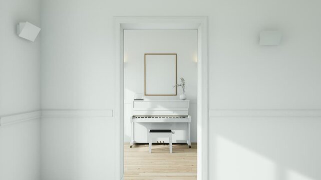 Elegant classic interior with white piano and blank mockup frame on the wall