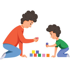 Father and Son Building Blocks Together Engaging in Creative Play on a White Transparent Background