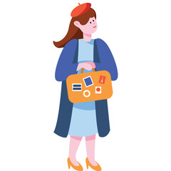 Fashionable Woman With Orange Suitcase And Red Beret Wearing Blue Coat And Light Blue Dress Standing And Smiling