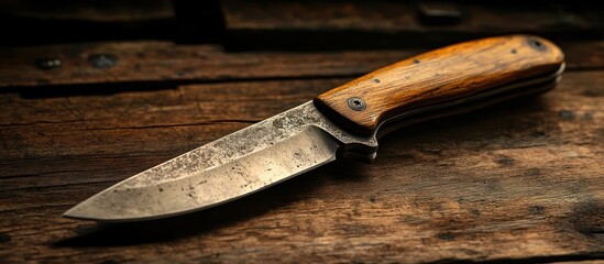 Rustic fixed blade knife with wood handle on wooden surface.