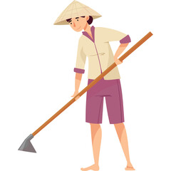 Farmer Woman Wearing Conical Hat Working With Hoe On Transparent Background