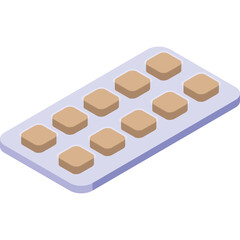 Isometric Blister Pack of Ten Square Brown Pills on a Light Blue Tray with a Transparent Background and Soft Shadows