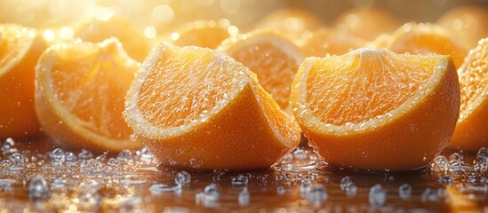 Juicy orange slices with water droplets on a wooden surface.