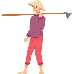 Farmer Carrying Hoe Over Shoulder Wearing Traditional Asian Conical Hat Purple Shirt Pink Pants Barefoot and Smiling