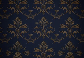 Fototapeta premium Seamlessly repeating elaborate floral and leaf motif in rich gold tones on a deep midnight blue background, suitable for fabric or wall covering ,elegant ,texture ,vintage