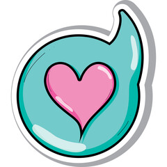 Teal speech bubble with pink heart inside floating element for digital communication and emotional expression with soft shadow and outline detail against a clear background