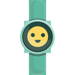 Teal smartwatch with a yellow smiley face on screen against a transparent background simple graphic illustration