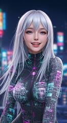 Fototapeta premium Digital Serenity: A radiant woman with flowing silver hair and digital-inspired attire, smiling warmly against the backdrop of a futuristic cityscape.