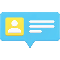 Isometric blue notification bubble with yellow user icon and white text lines on a transparent background, 3d render